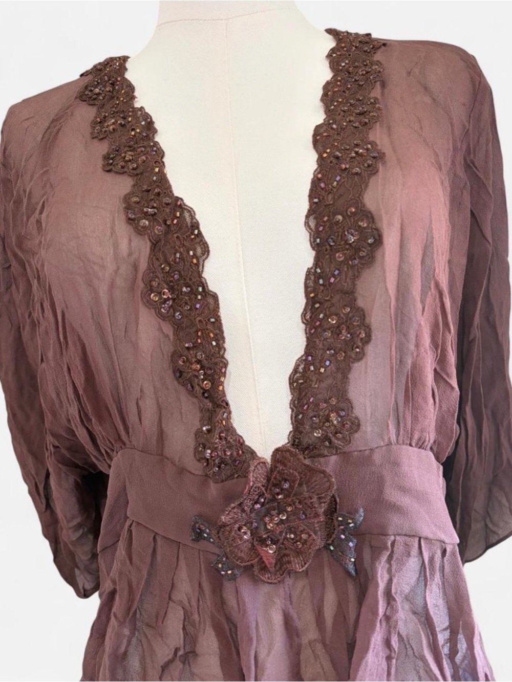 Robbie Bee Brown Sheer V-Neck Tunic